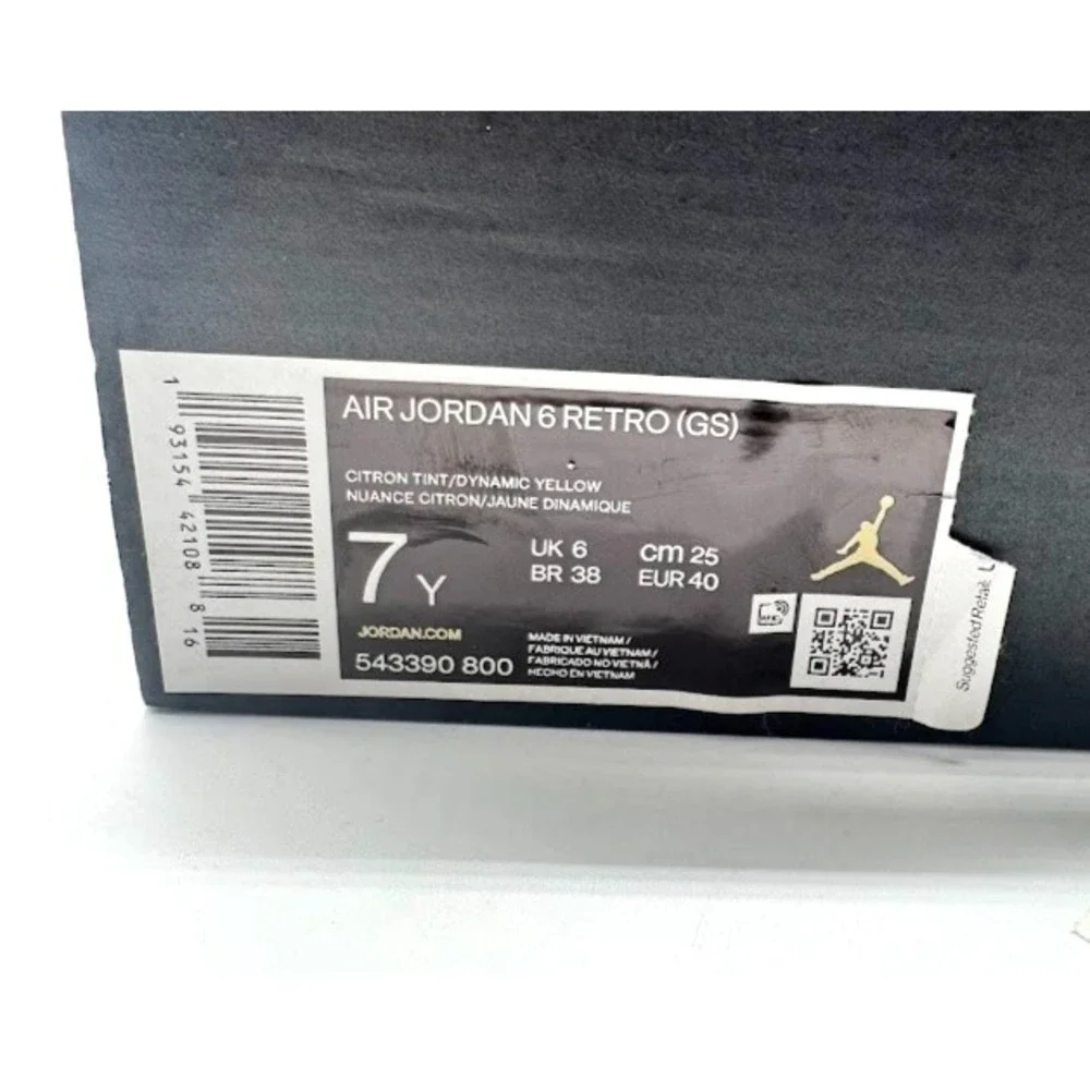 Air Jordan 6 Retro GS Citron Tint Yellow 543390-800 Youth 7Y EU40 w/ Box